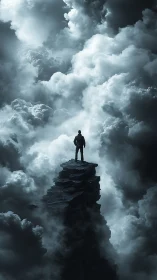 Solitary dreamer stands on a cliff shard above storm clouds.