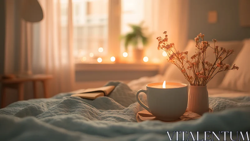Cozy candlelit bedside moment with tea, flowers, and soft light.