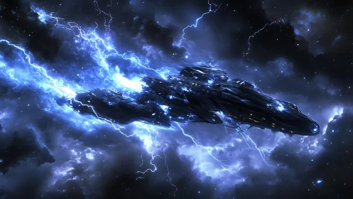 Starship sailing through a storm of glowing cosmic lightning.