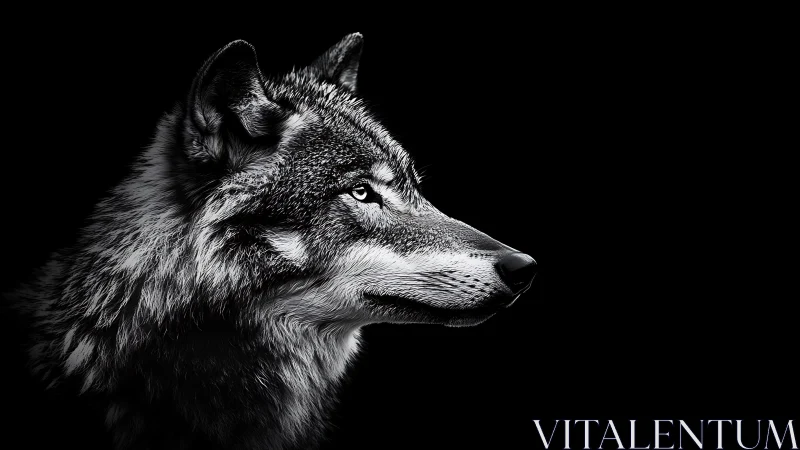 Monochrome wolf portrait in high-contrast photorealism.