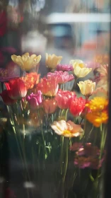 Vibrant Tulips Captured Through Glass with Soft-Focus Background