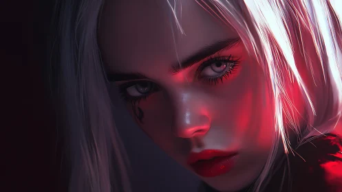 Intense cyber-lit portrait with white hair and red glow.