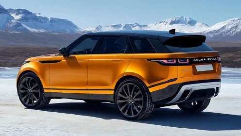 Orange performance SUV on frozen terrain with snow-capped peaks