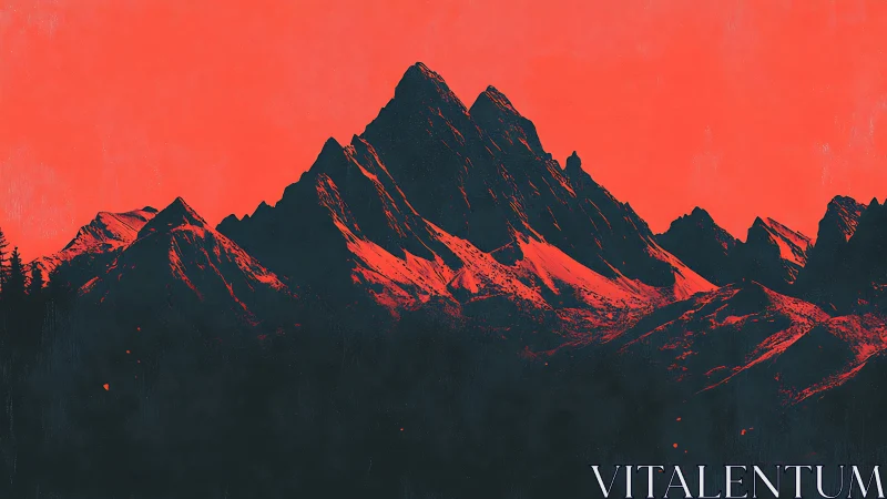 Crimson sky surrounds jagged mountain range in stark contrast