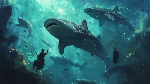 Divers drift beneath colossal whale sharks in teal abyss