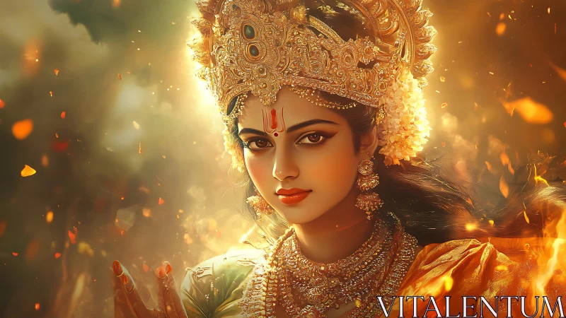 Divine goddess portrait in radiant golden firelit ambiance.