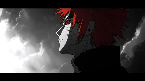 Red-haired anime hero gazes into a stormy glowing sky.