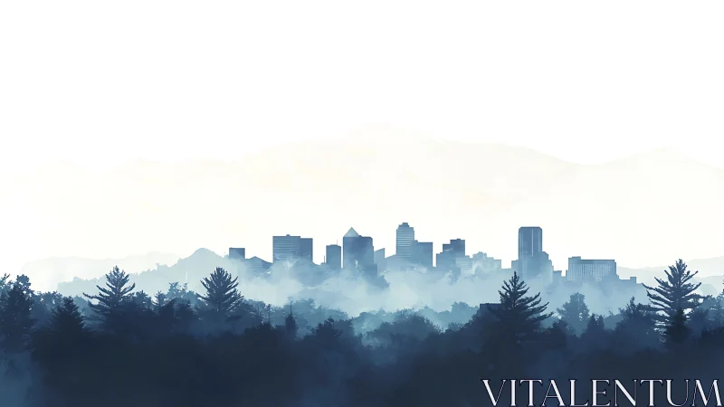 Urban skyline silhouette behind layered conifer forest.