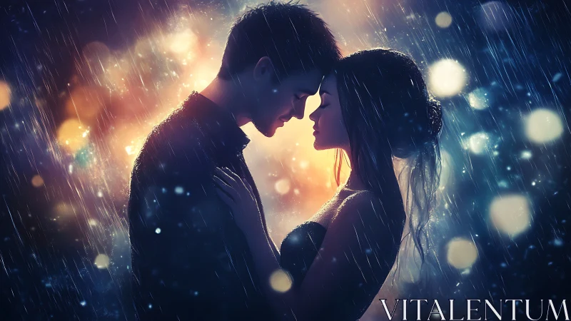 Silhouetted Figures in Rain with Bokeh Light Diffusion