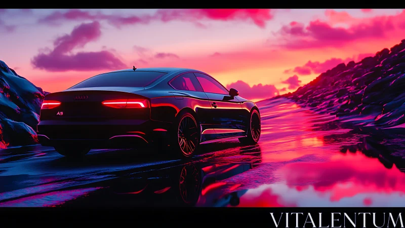 Audi A5 glides along neon soaked coastal road at dusk.