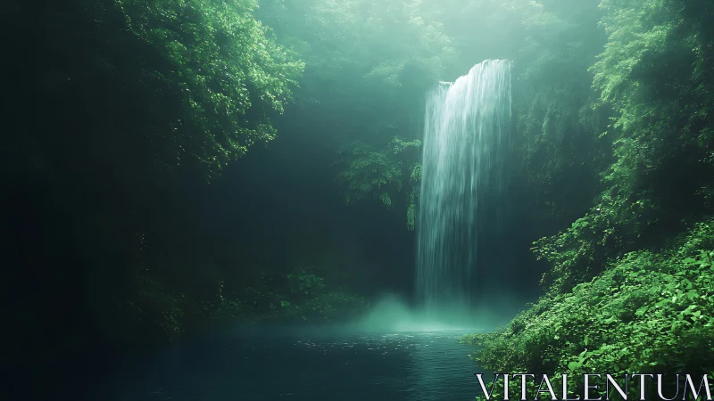 Vertical waterfall descends into a shaded forest pool