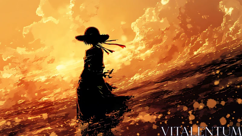 Backlit silhouette of lone figure against high-contrast orange seascape