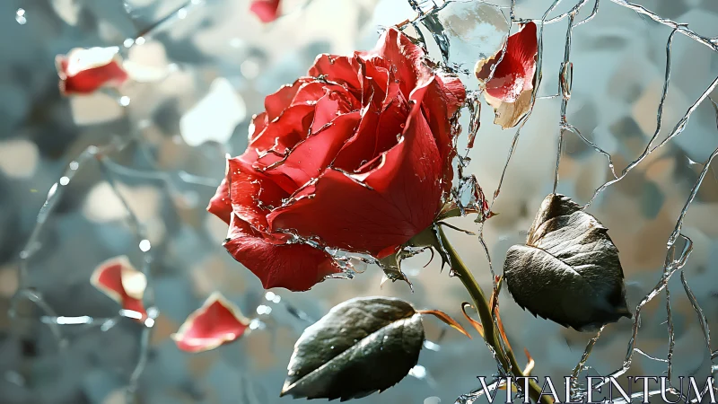 Shimmering red rose held within a web of cracked glass.