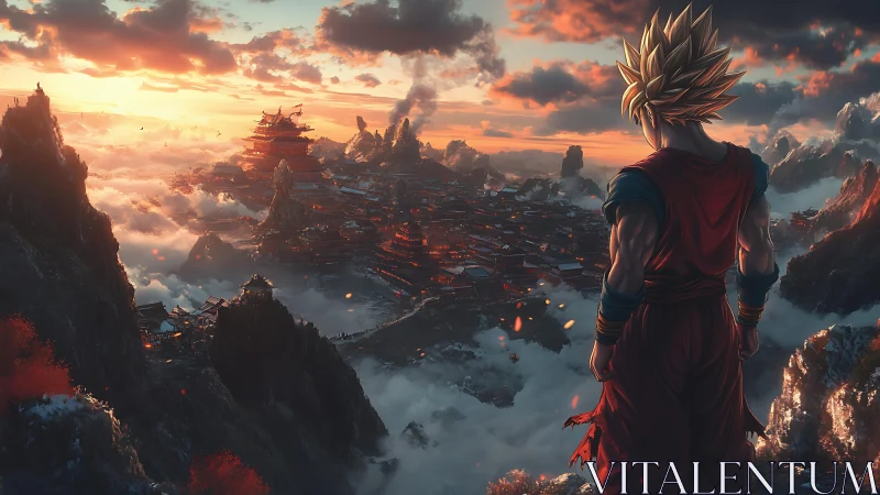 Spiky haired warrior overlooks vast mountain city at sunrise