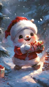 Adorable winter mascot delivers glowing Christmas gifts.