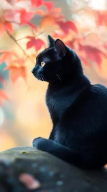 Black Cat Amid Autumn Foliage with Golden Eye.