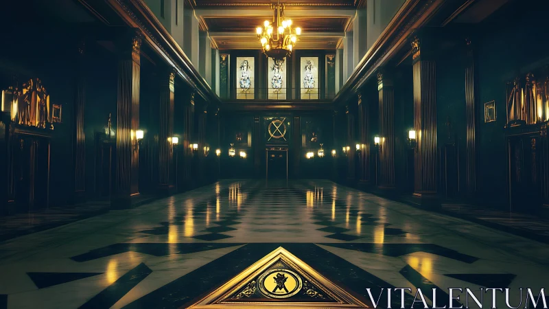 Grand neoclassical hall with luminous geometric floor design.