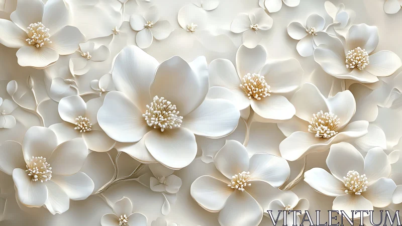 White floral composition with dimensional petals and golden centers