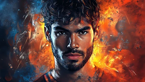 Digitally painted male portrait contrasts cool blue and fiery orange light