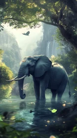Digital painting of elephant wading through luminous forest river.