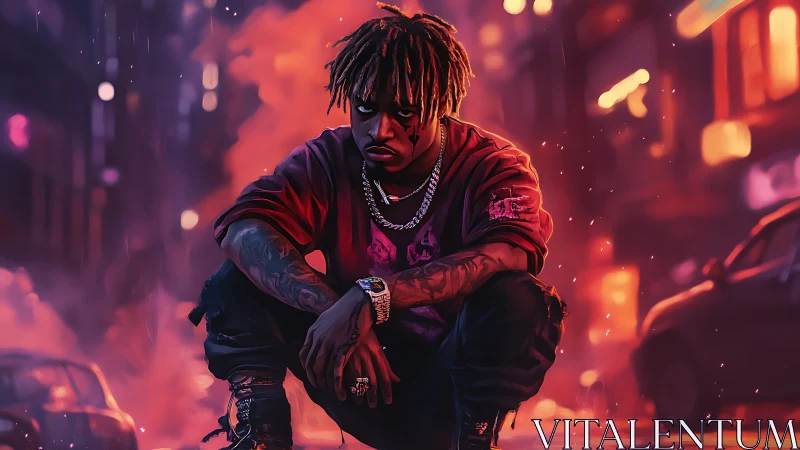 Neon city stoop: a moody night portrait in glowing haze.