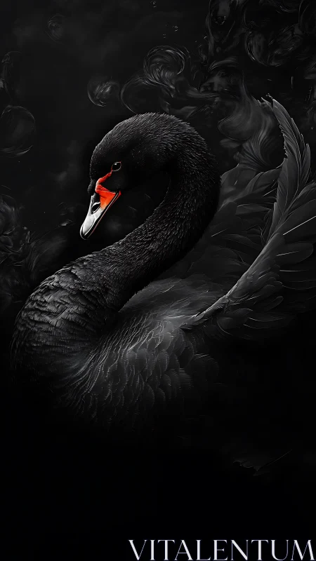 Black swan glows from darkness in dramatic feathered profile.