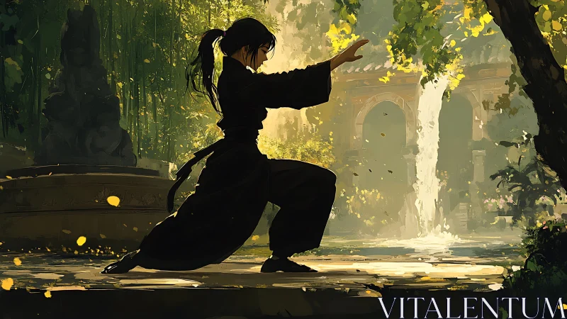 Martial artist poised in sunlit garden beside falling water.
