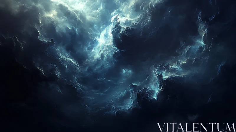 Mystic storm clouds swirling through a deep blue night sky.