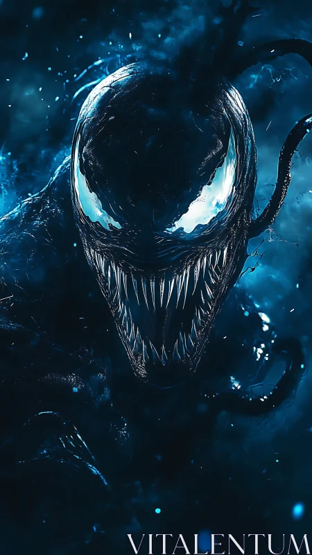 Sinister alien symbiote portrait in blue cosmic haze.