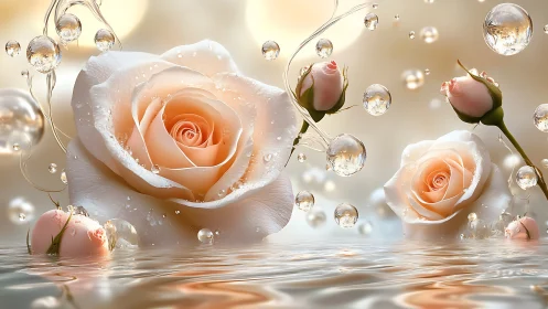 Peach Roses with Water Droplets and Bubbles in Aquatic Setting