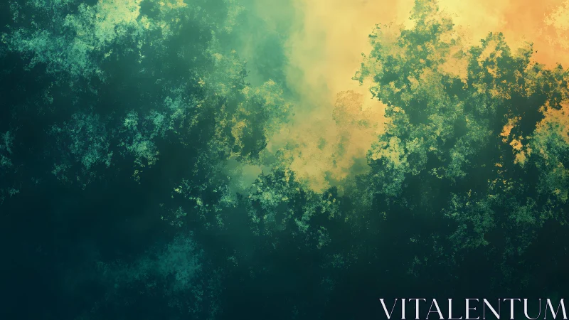 Abstract forest canopy with sunlight in digital painting style.