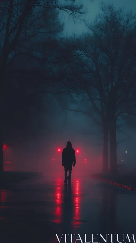 Hooded drifter crossing neon mist on a rain-slick street.