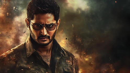 Male subject in uniform stands before digitally composited blast