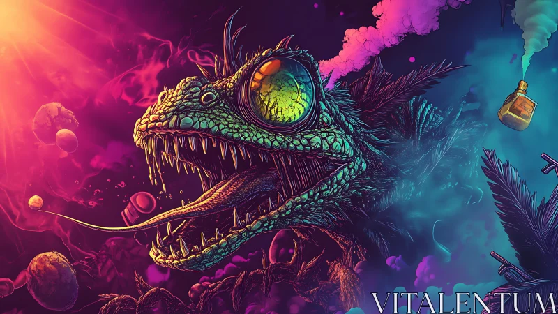 Neon cosmic lizard roars across a wild psychedelic sky