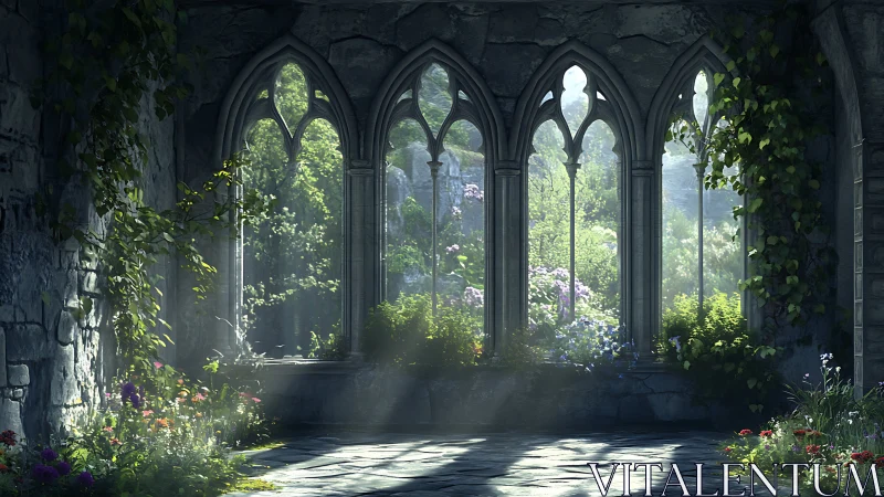 Gothic stone hall opens onto lush sunlit forest garden