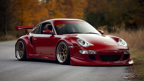 Crimson sports car gliding through a quiet autumn roadway.