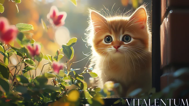Fluffy Orange Kitten Gazing at Pink Flowers by Window.