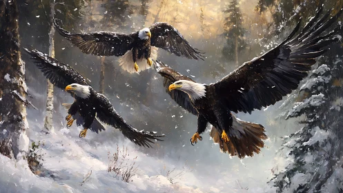 Majestic Bald Eagles Soaring Over Snowy Forest in Realistic Painting.