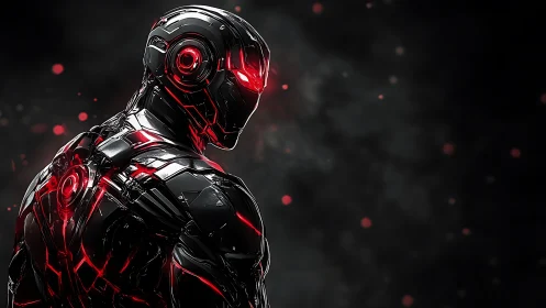 Cybernetic combat android shows emissive red circuits in dark void