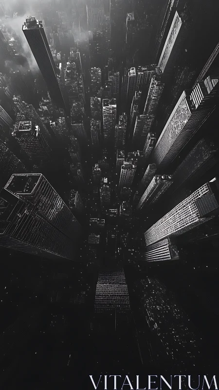 Monochrome aerial city canyon with towering vertical grids.