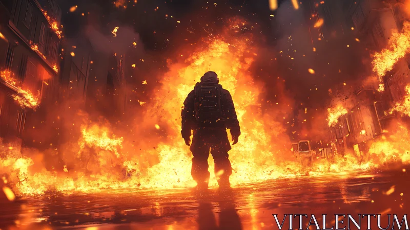 Armored figure walking through massive urban inferno.
