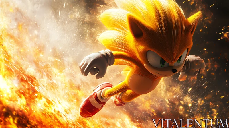 Blazing golden hedgehog races forward through fiery sparks.