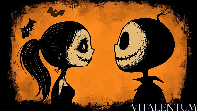 Skeleton Lovers Kiss Over Orange Halloween Scene.