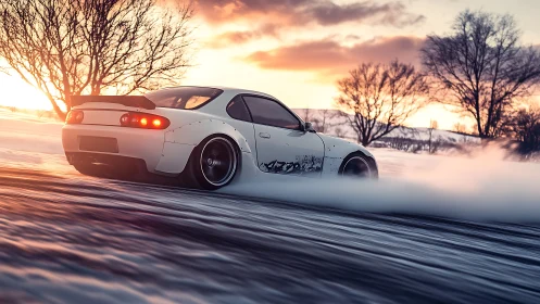 Snow-dusted drift rocket carves firelight trails at sunset