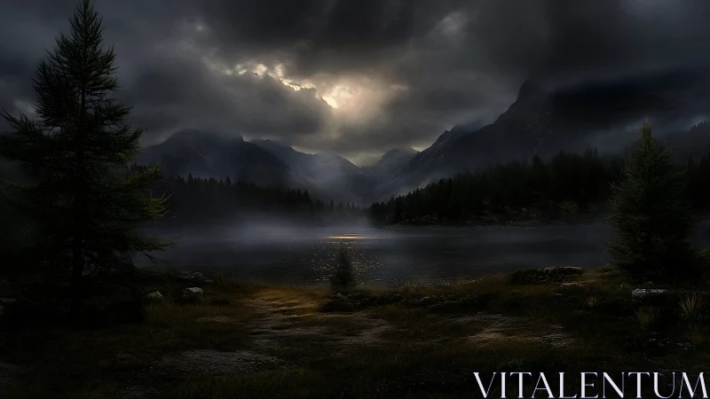 Stormy mountain lake landscape shows low light and mist