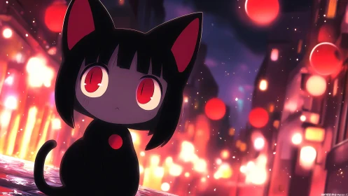 Neon-eyed black cat watches glowing lantern city night.