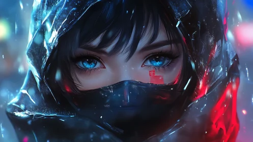 Hooded figure with blue eyes in neon lit digital portrait.