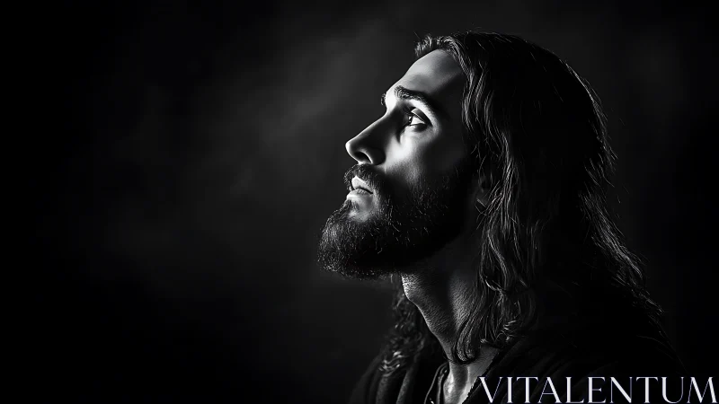 Side-lit contemplative portrait in dramatic monochrome profile.