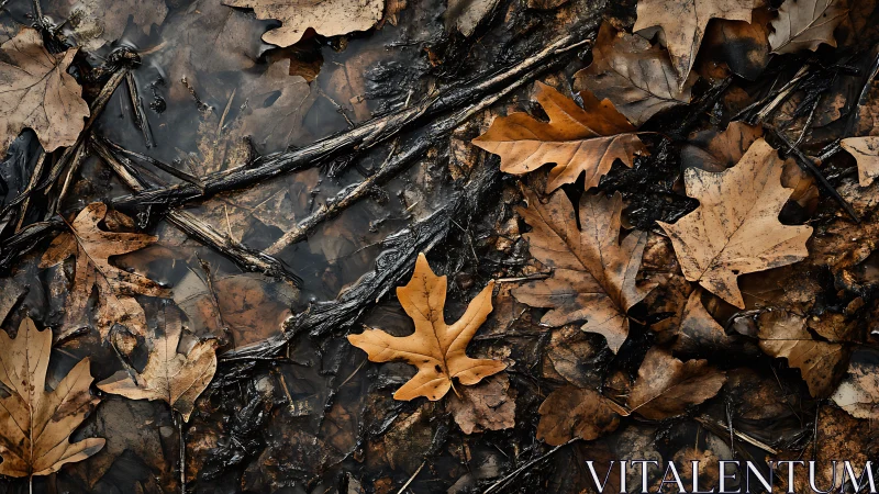 Fallen autumn oak leaves rest on wet forest ground.