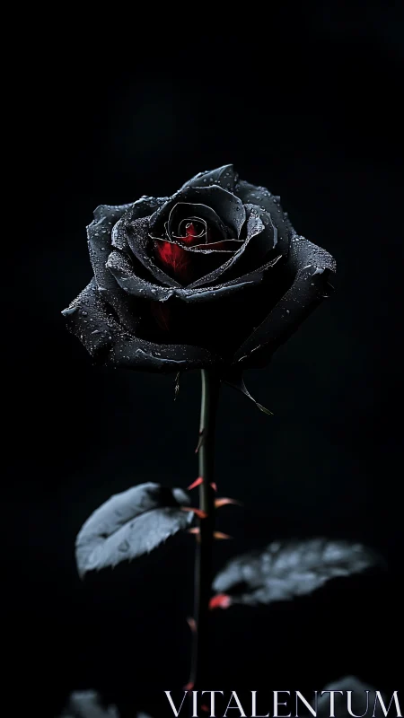 Black rose close-up with dew on petals in dark backdrop.